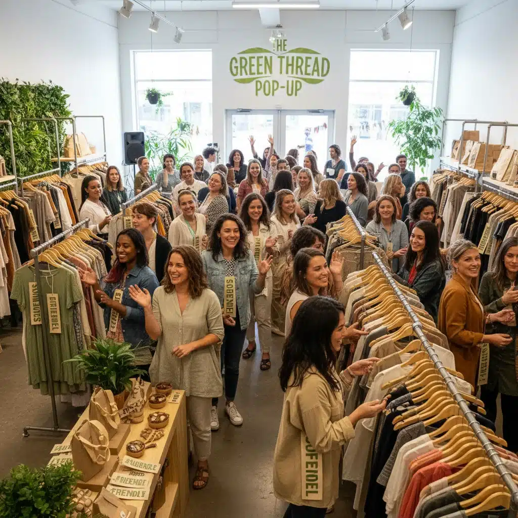 Diverse shoppers exploring sustainable and eco-friendly clothing racks in a pop-up store.