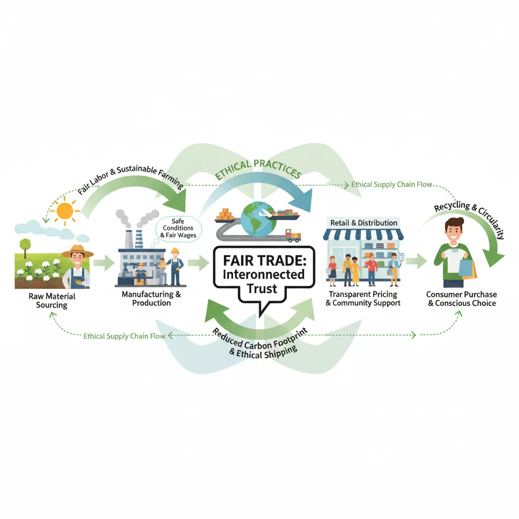 Infographic illustrating ethical supply chain from farm to consumer, emphasizing fair trade.