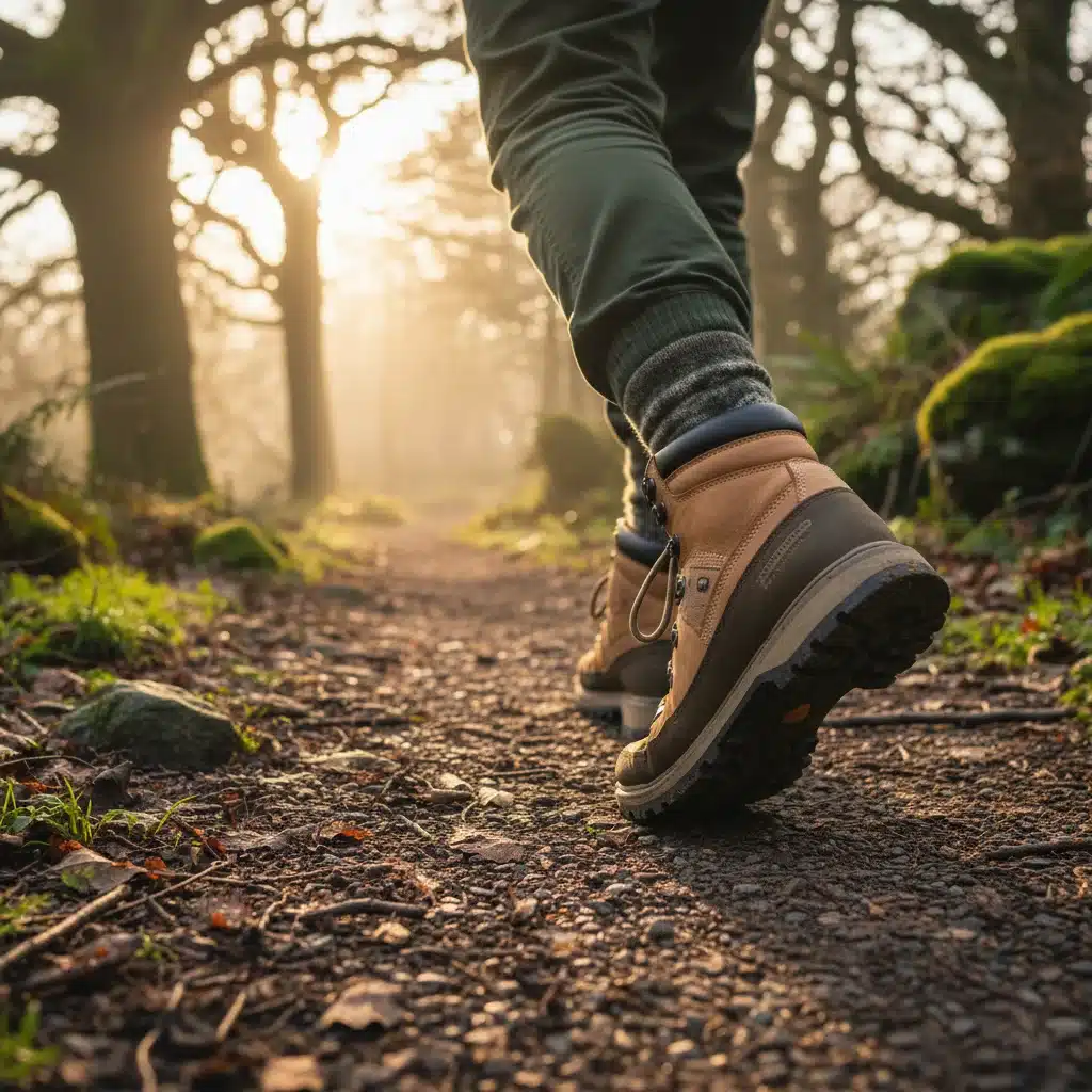 Person wearing ethically sourced walking boots in a park, sustainable outdoor footwear