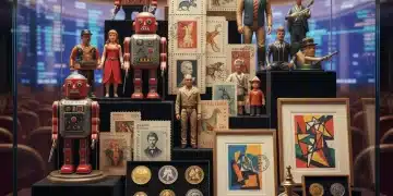 Diverse collection of exclusive items, showcasing vintage toys, rare stamps, limited edition art, and antique coins.
