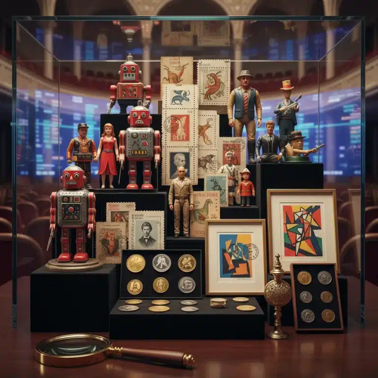 Diverse collection of exclusive items, showcasing vintage toys, rare stamps, limited edition art, and antique coins.