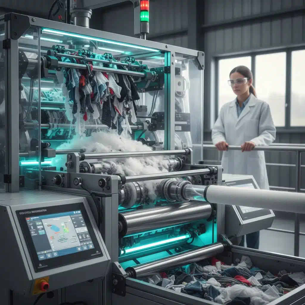 Industrial machine processing discarded fabric into new fibers for textile recycling.