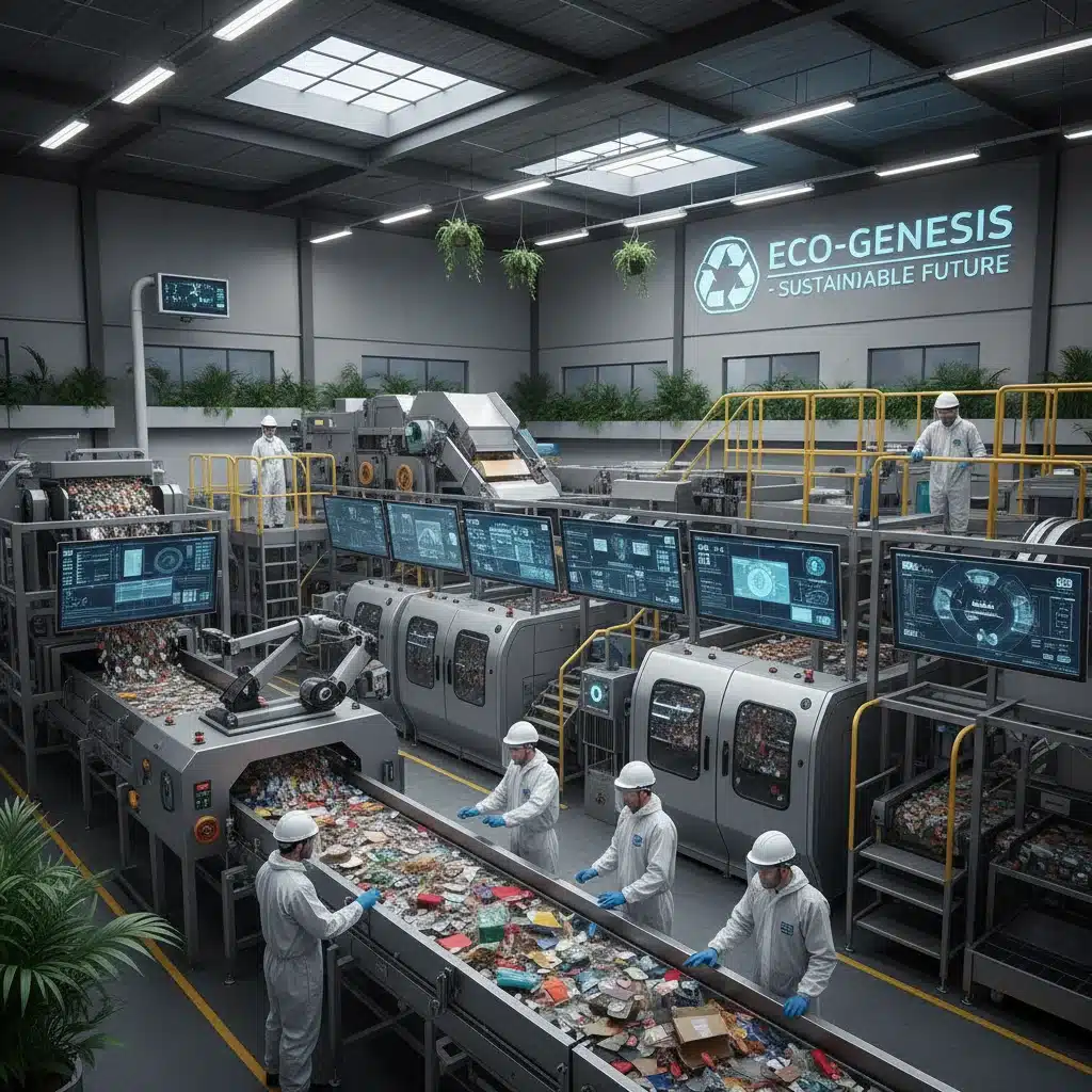 Advanced recycling machinery in a factory, processing materials for waste reduction.