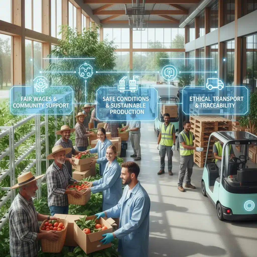 Diverse supply chain workers collaborating, illustrating fair labor practices and ethical production.