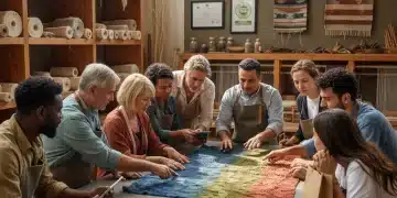 Diverse group examining fabric in ethical workshop, symbolizing 2026 Fair Trade Act impact.