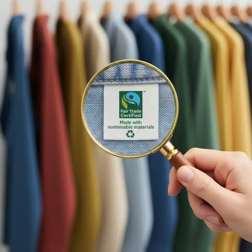 Hand with magnifying glass over Fair Trade certified clothing label, emphasizing transparency.