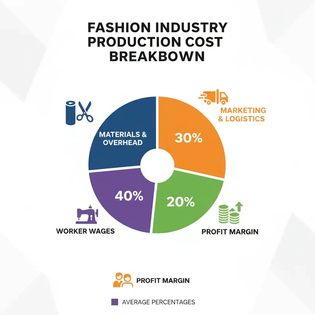 Infographic showing fashion production cost breakdown with worker wages emphasized.