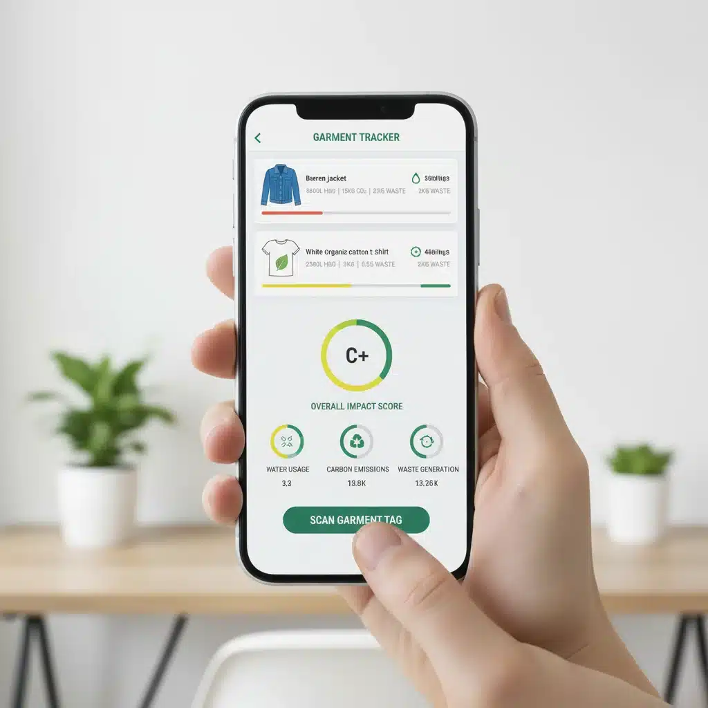 Smartphone app interface for tracking individual fashion environmental impact