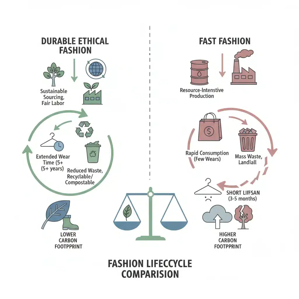 Infographic comparing lifecycle of durable ethical fashion vs fast fashion
