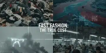 Environmental and social impact of fast fashion, illustrating pollution, waste, and labor issues.