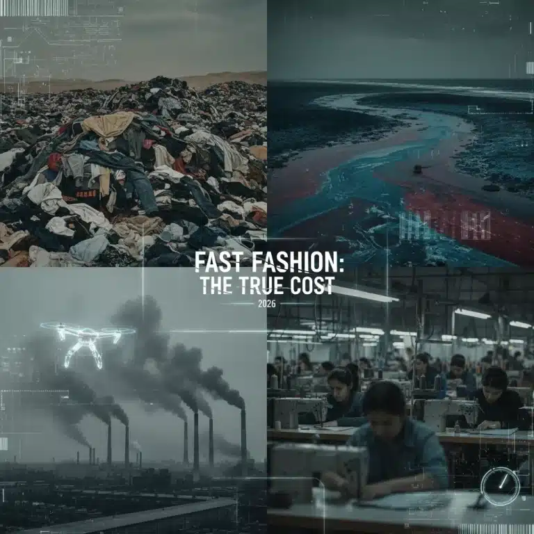 Environmental and social impact of fast fashion, illustrating pollution, waste, and labor issues.