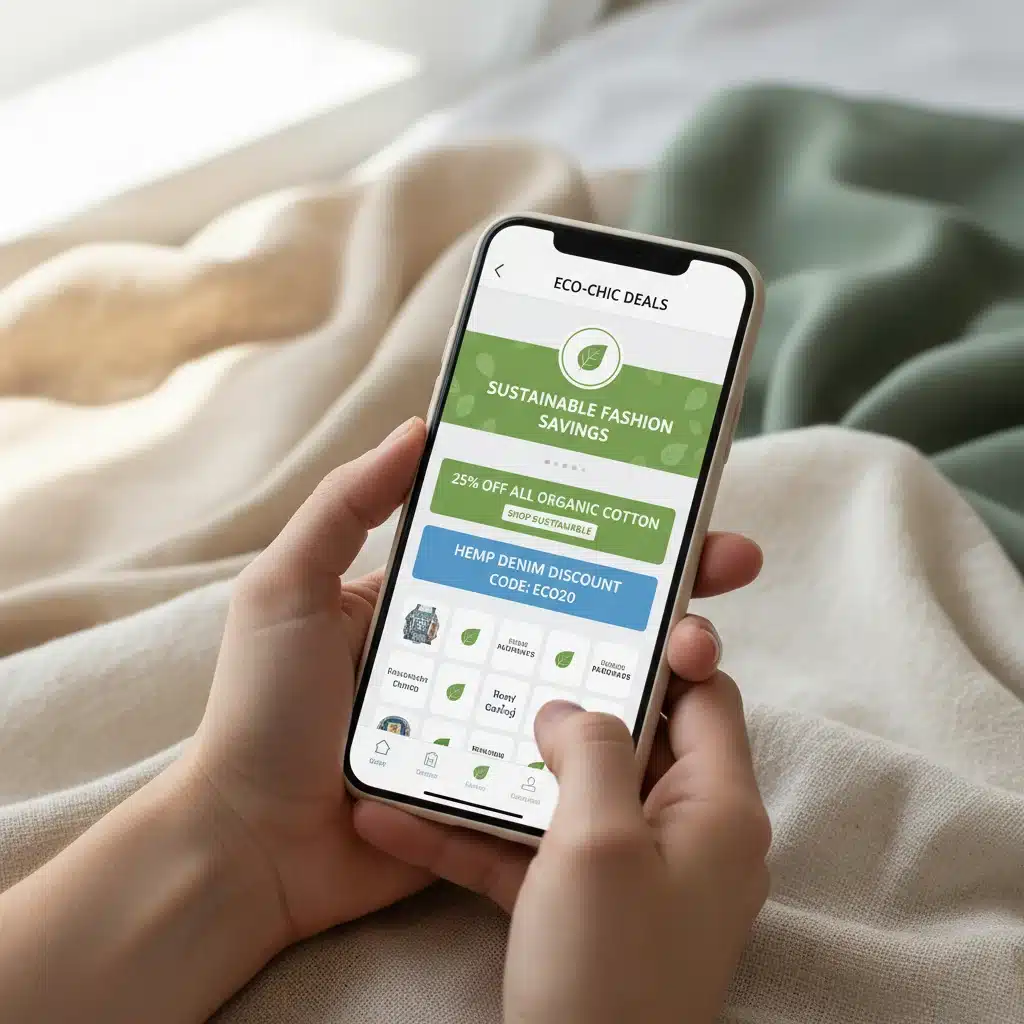 Hands using a smartphone to find eco-friendly fashion deals online