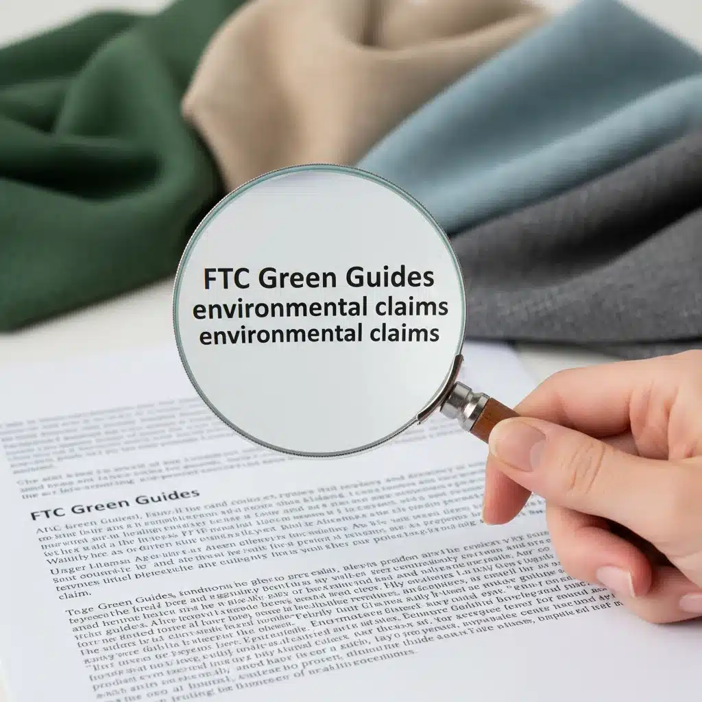 Magnifying glass over FTC Green Guides document, sustainable textiles