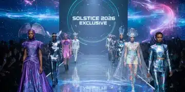 Futuristic fashion runway with models in avant-garde 2026 exclusive collection outfits