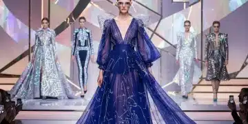 Futuristic high fashion runway with models showcasing avant-garde 2026 designs
