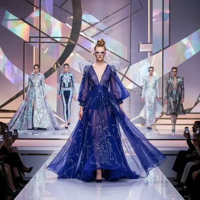 Futuristic high fashion runway with models showcasing avant-garde 2026 designs