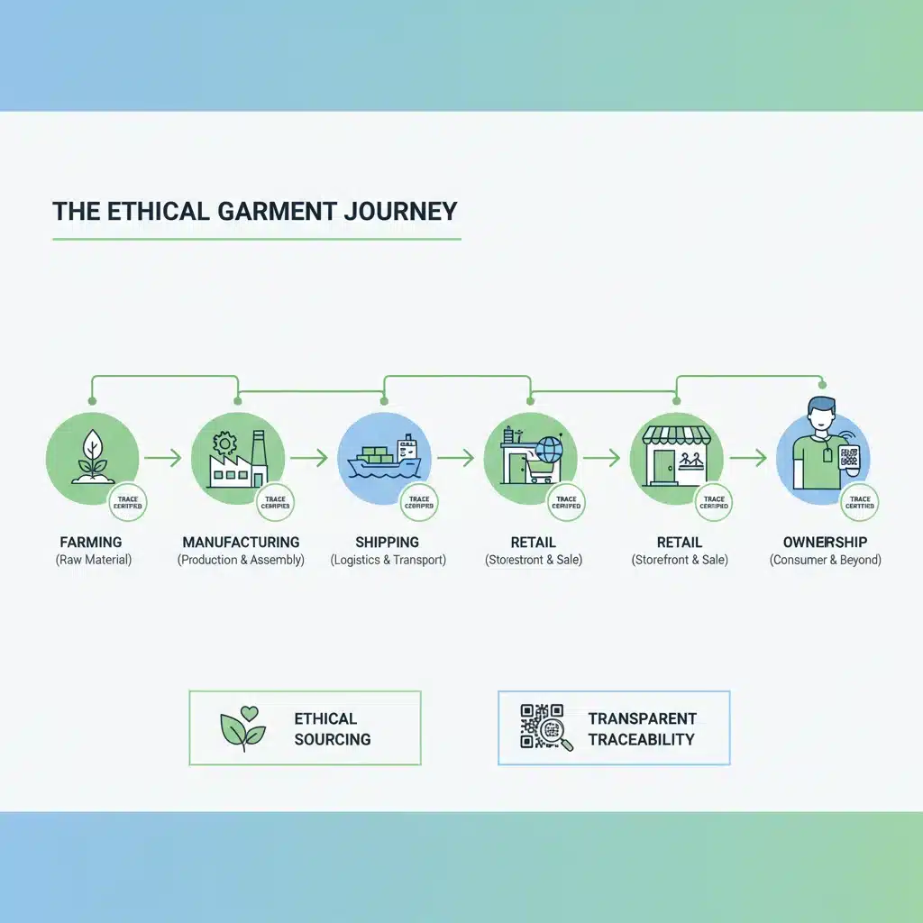 Infographic showing blockchain tracing garment supply chain from raw material to consumer.