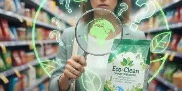 Shopper examining product label for greenwashing with magnifying glass in 2026