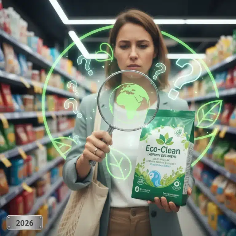 Shopper examining product label for greenwashing with magnifying glass in 2026