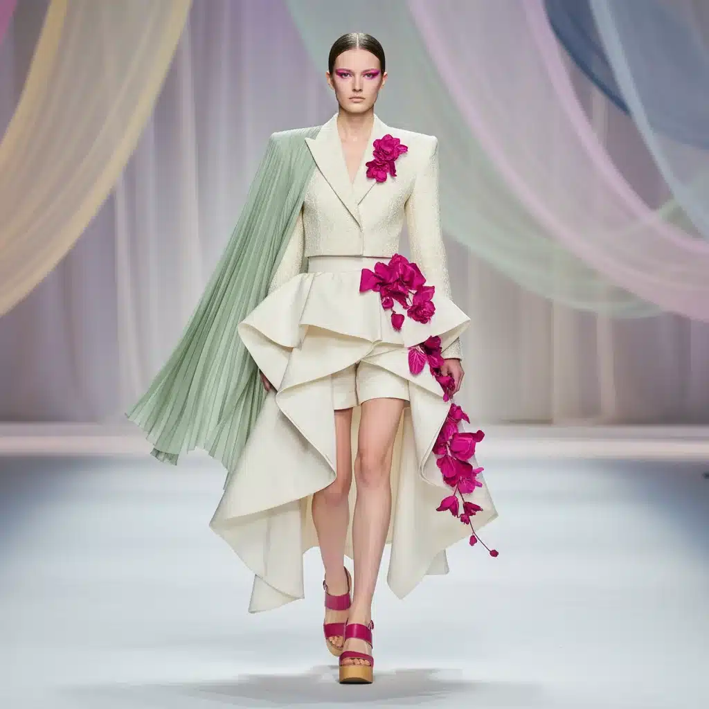 Model on runway showcasing innovative haute couture ensemble from Spring 2026, featuring sustainable fabrics and modern design.