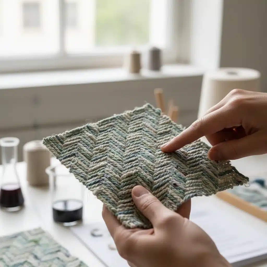 Hands inspecting innovative sustainable fabric swatch