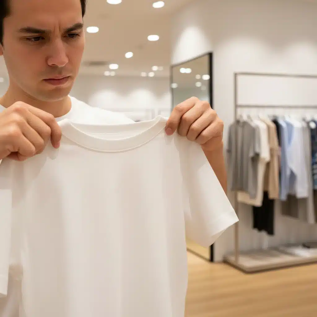Person inspecting fabric quality of a white t-shirt