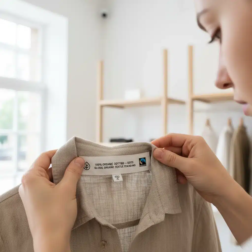 Person examining sustainable clothing label for quality and ethics