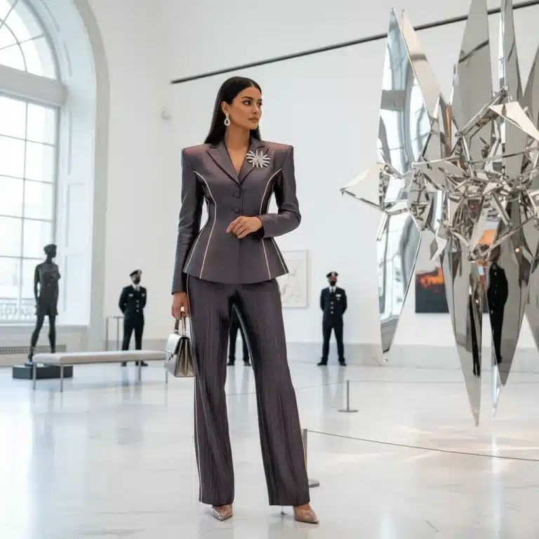 Woman in exclusive designer outfit admiring art, symbolizing luxury fashion investment.