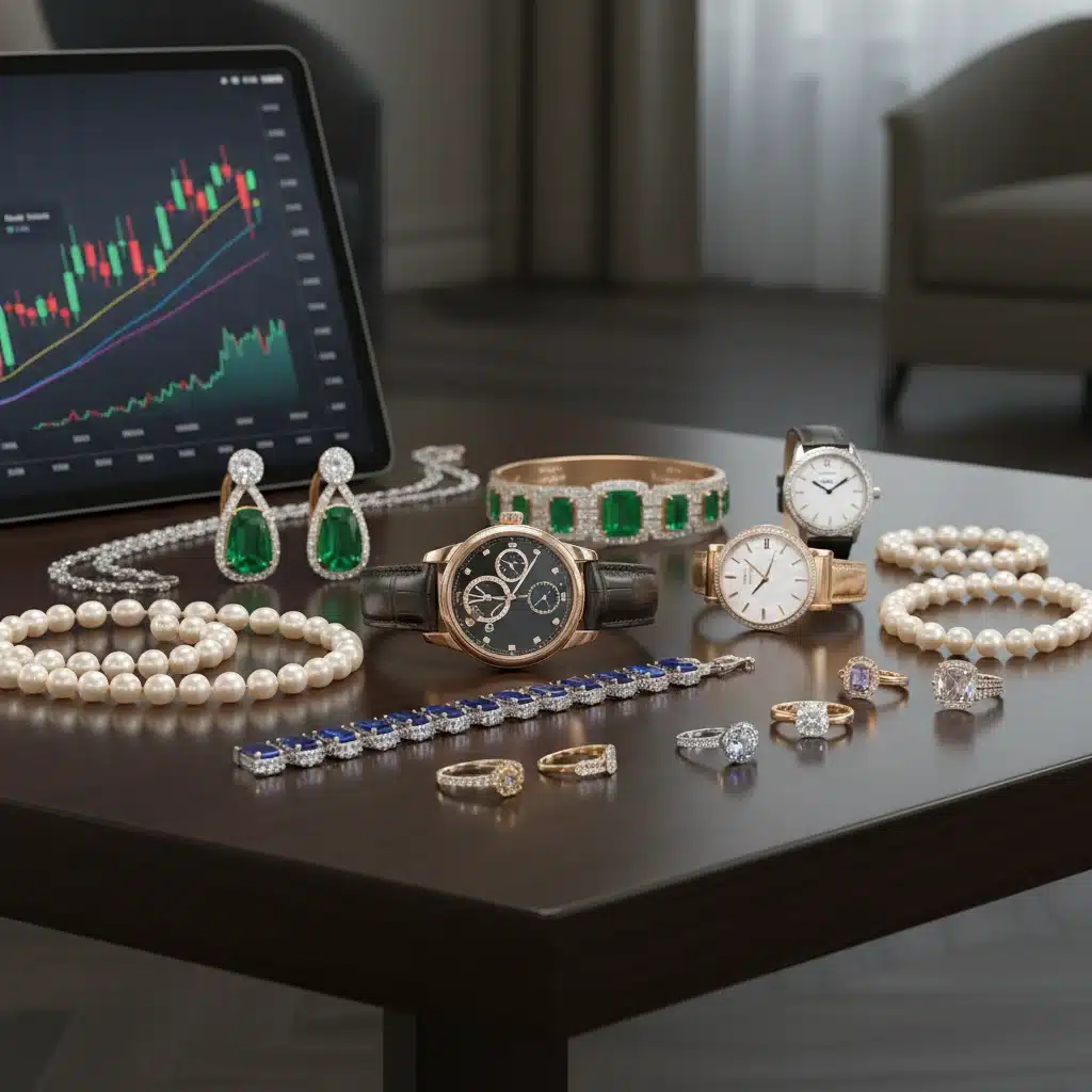 Luxury watches and jewelry on a table with financial charts, representing fashion as an investment.