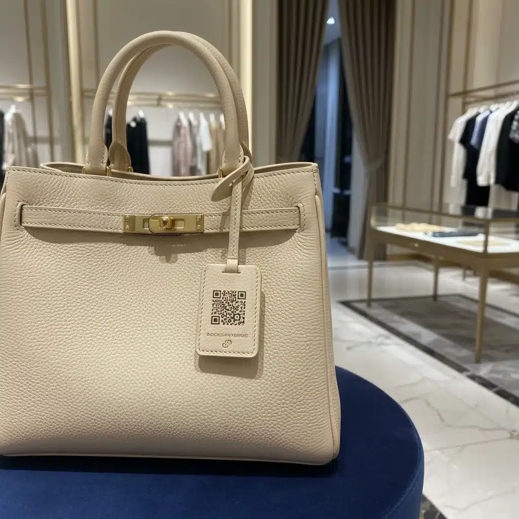 Designer handbag with QR code for blockchain verification in luxury store.