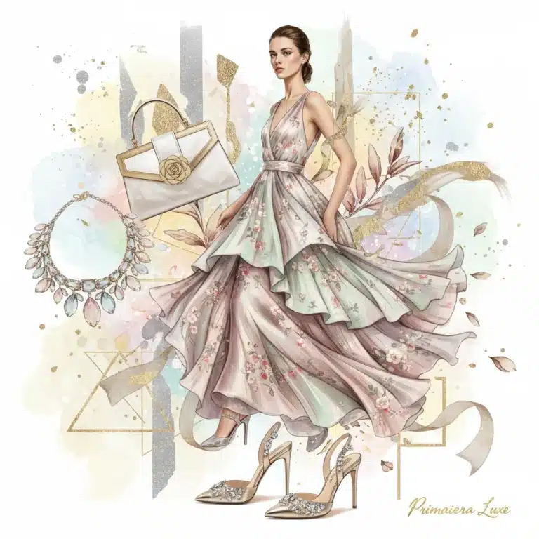 Elegant model in flowing silk gown amidst luxury spring collection elements, showcasing new season fashion.