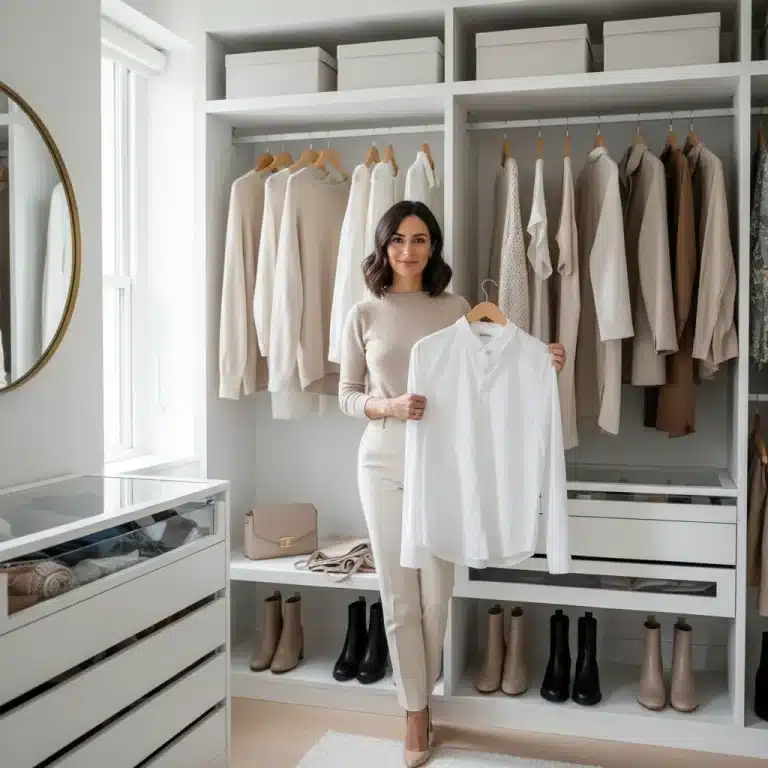 Woman curating a minimalist wardrobe with a white shirt in a clean closet