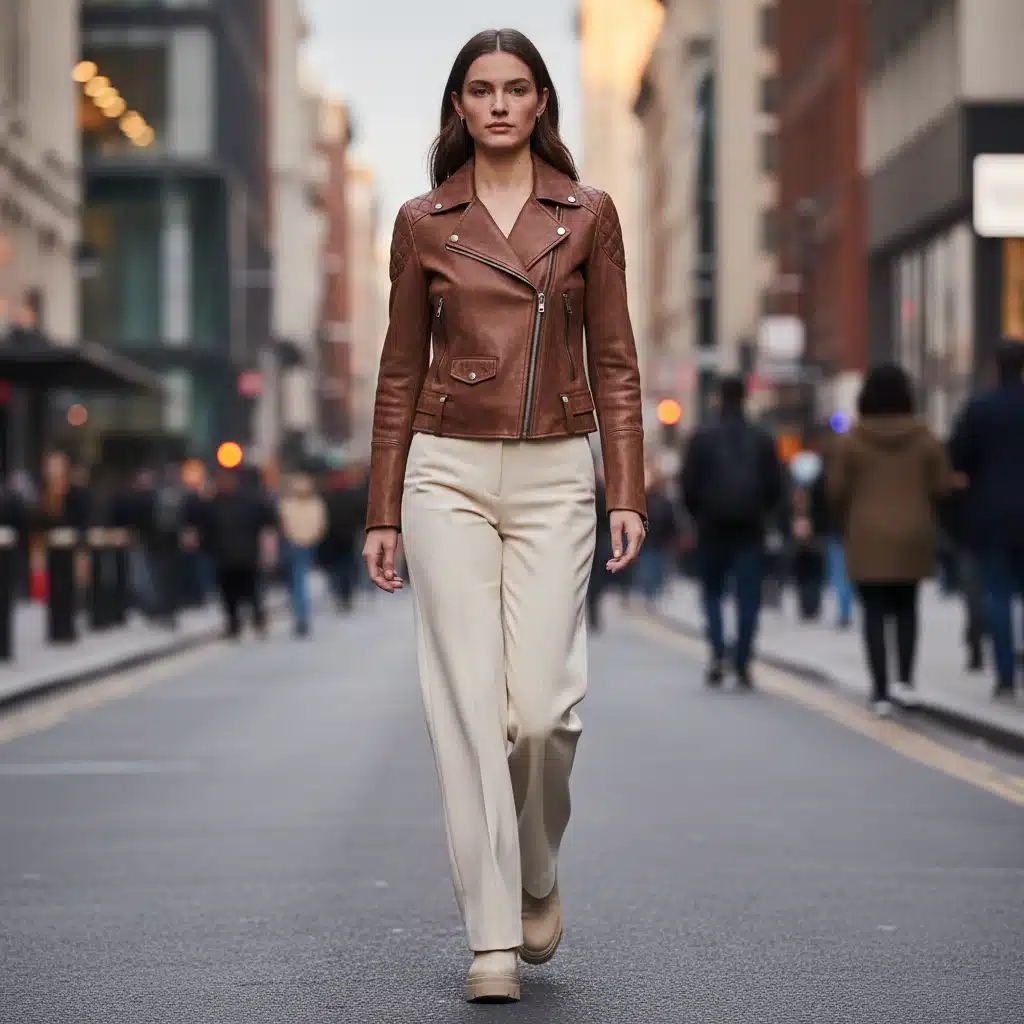 Model wearing a chic mushroom leather jacket in an urban setting, highlighting luxury vegan fashion.