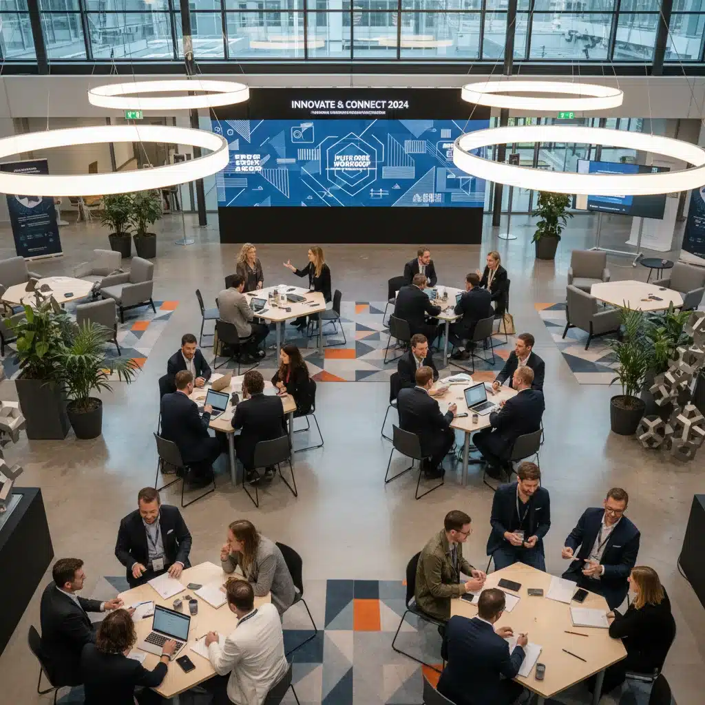 Independent creators and professionals networking and exchanging ideas at a workshop during a trade show event.