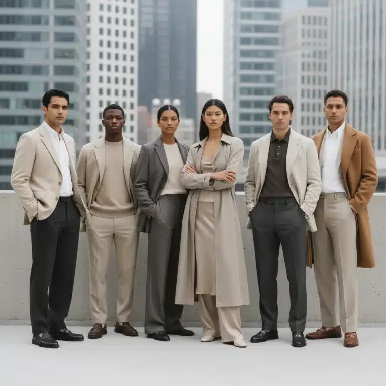 Stylish individuals in neutral clothing, showcasing a cohesive and versatile wardrobe.