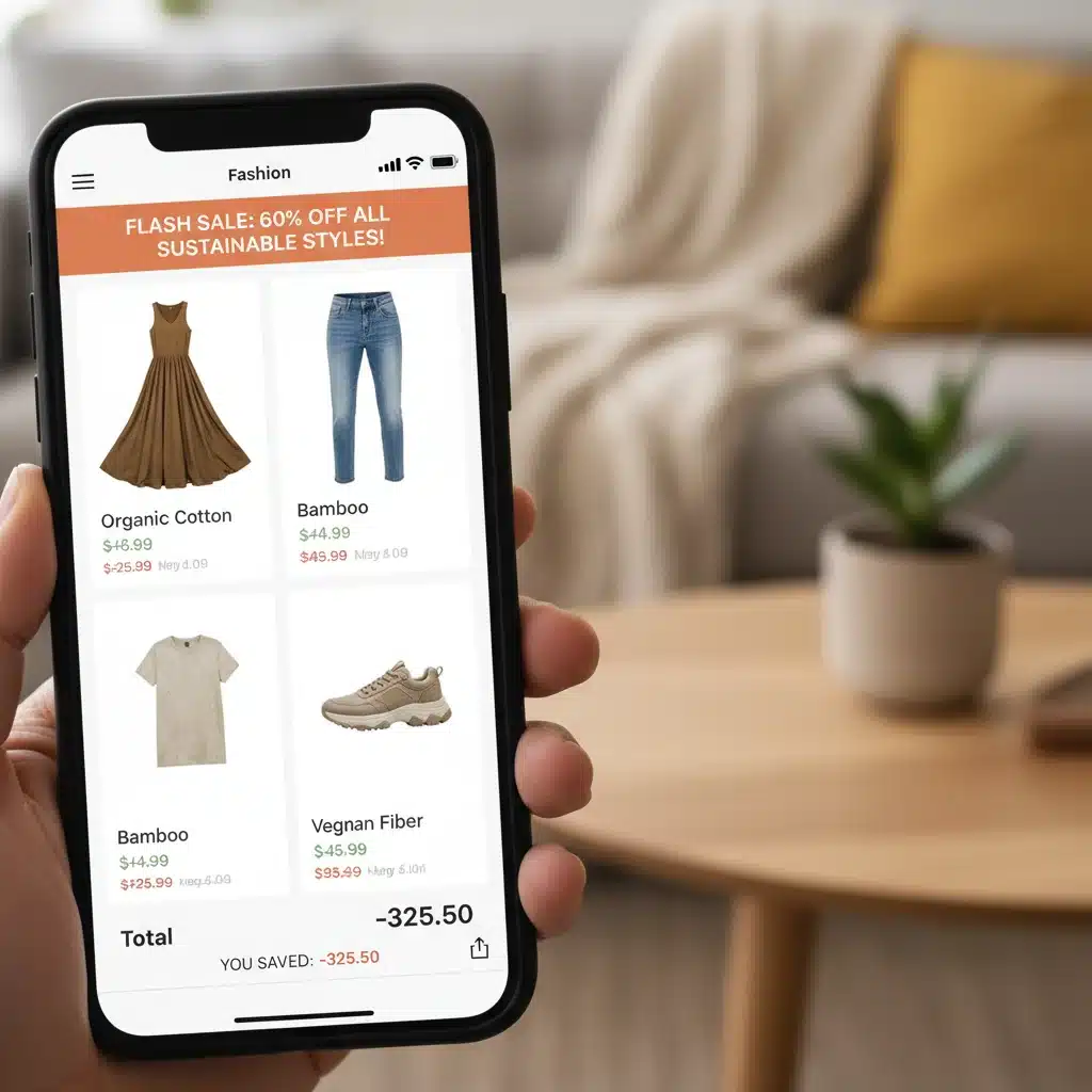 Online shopping cart with sustainable fashion items and a 60% discount applied.