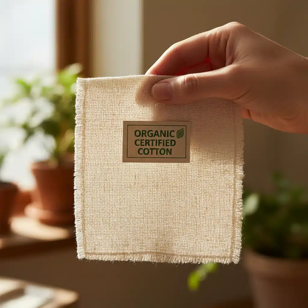 Hand holding organic cotton fabric swatch with certification tag