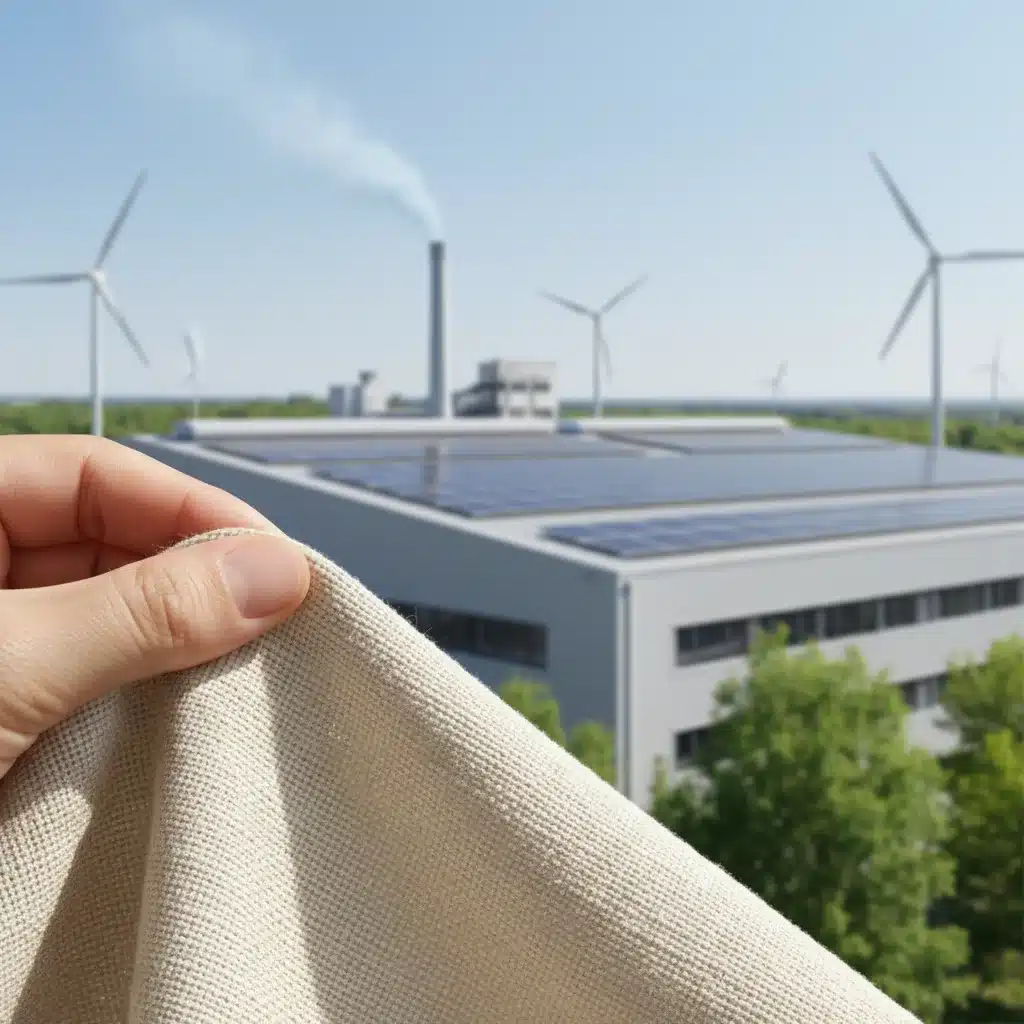Close-up of organic cotton fabric with sustainable factory in background