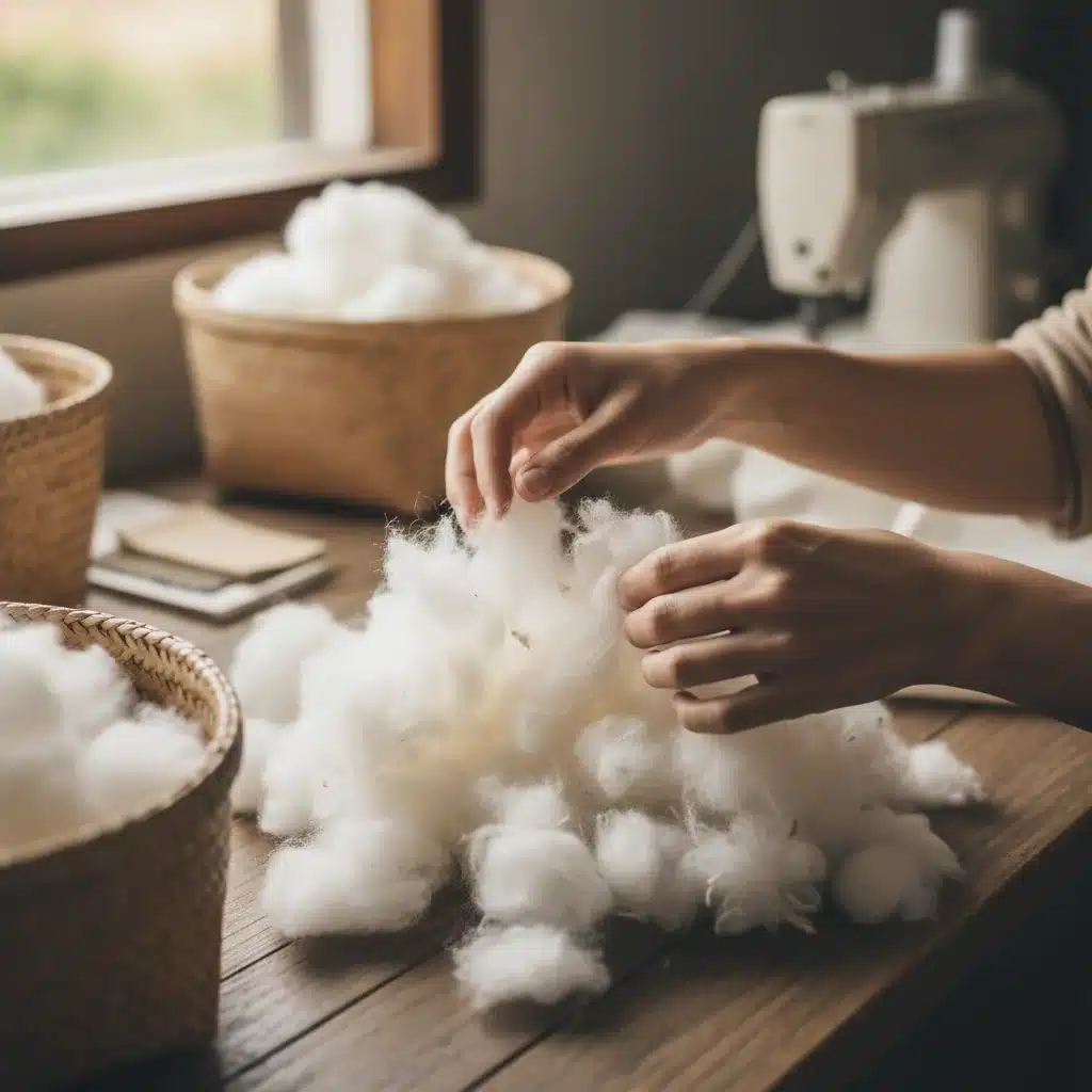 Hands sorting organic cotton fibers for sustainable clothing
