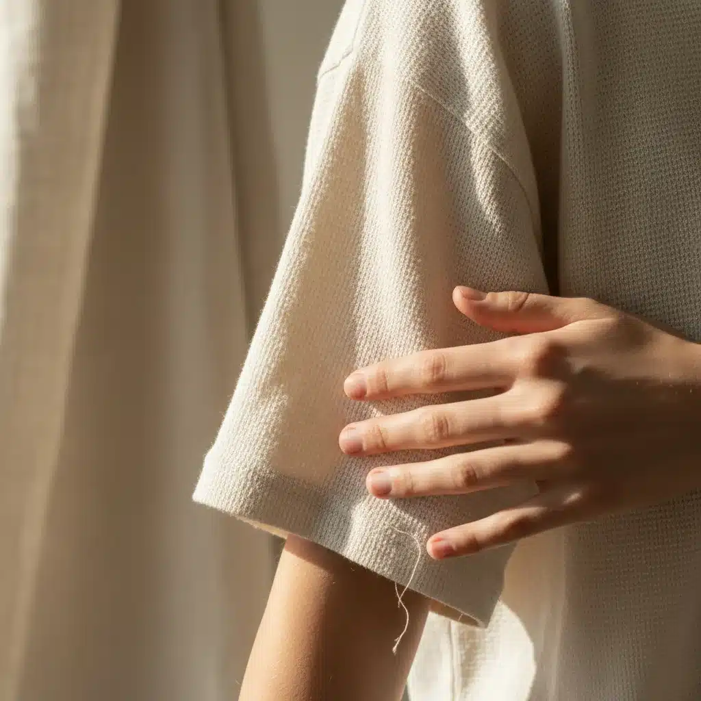 Hands touching a soft, durable organic cotton t-shirt, symbolizing quality sustainable fashion.