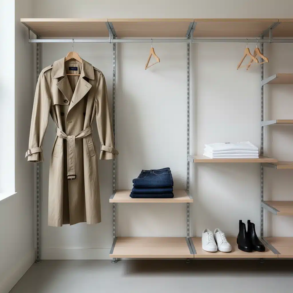 Organized closet with essential capsule wardrobe items like a white t-shirt, jeans, blazer, and trench coat.