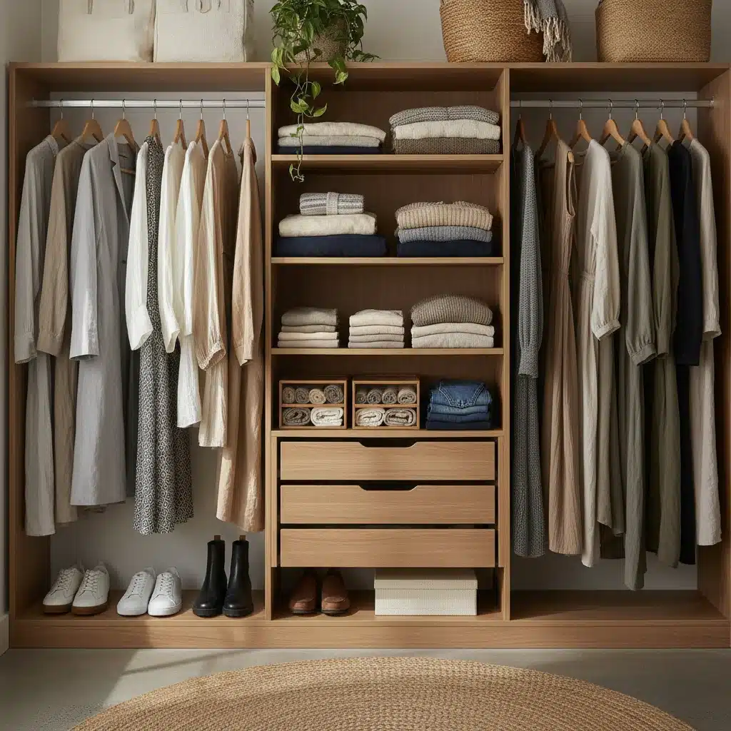 Organized capsule wardrobe with sustainable and versatile clothing