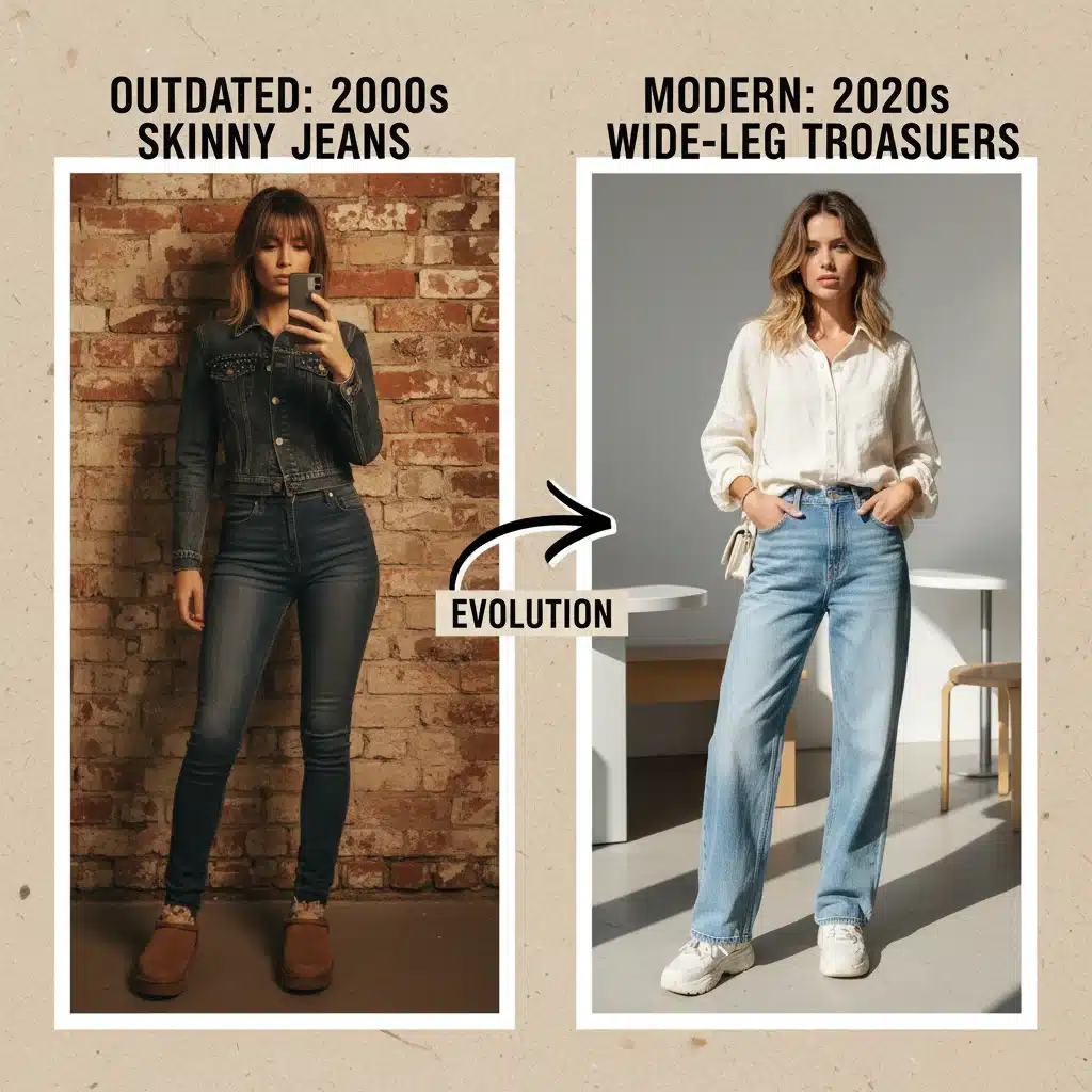 Comparison of outdated fashion item versus modern wardrobe essential
