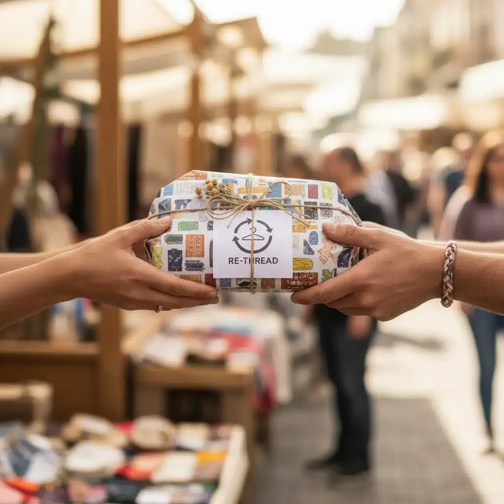 Hands exchanging a package in a peer-to-peer circular fashion transaction