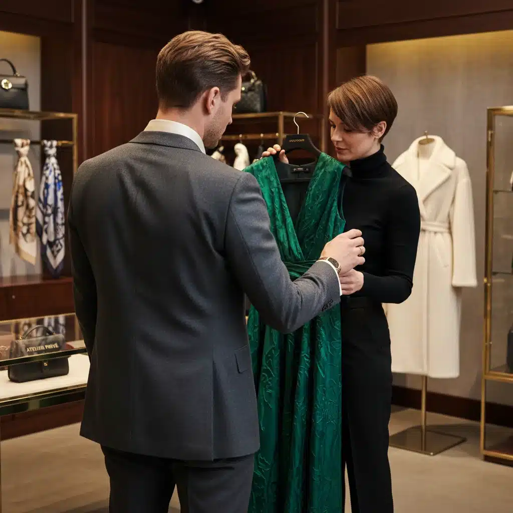 Client discussing exclusive garment with personal shopper