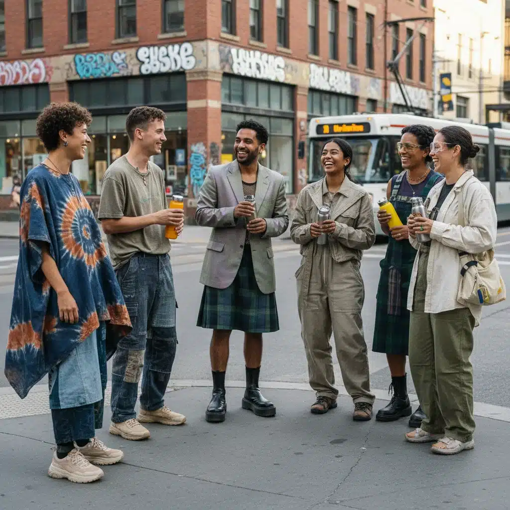 Diverse individuals showcasing personalized and gender-fluid 2026 fashion trends in an urban setting