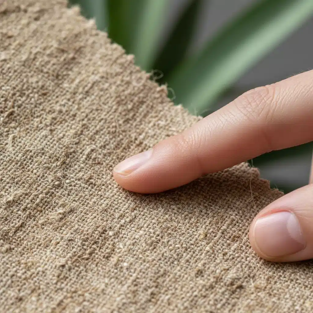 Hand touching textured pineapple leather, showcasing a sustainable plant-based textile innovation.