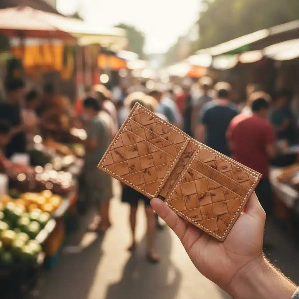 Hand holding a pineapple leather wallet, highlighting sustainable material and craftsmanship.