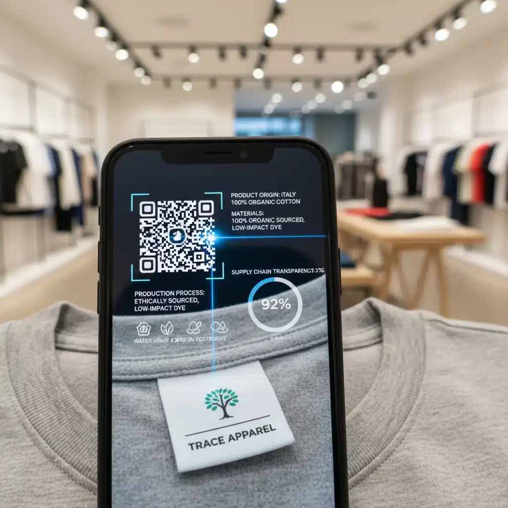 Consumer scanning QR code on clothing for supply chain information