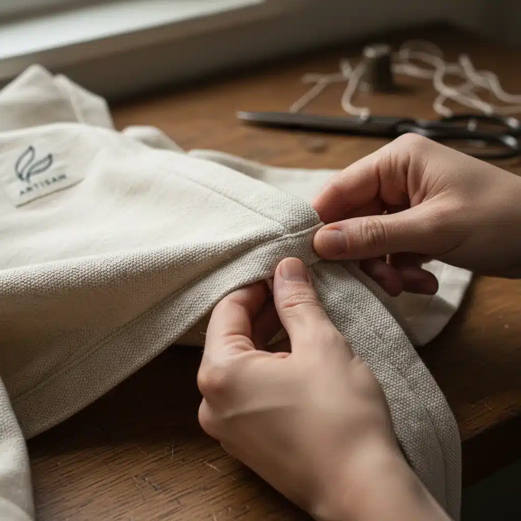 Close-up of hands inspecting quality stitching on organic fabric